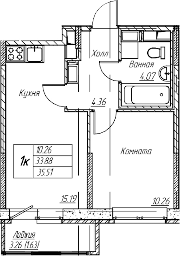1-комнатная квартира 35.51 м², 6/22 эт., ЖК «Парк-квартал Юнтолово»